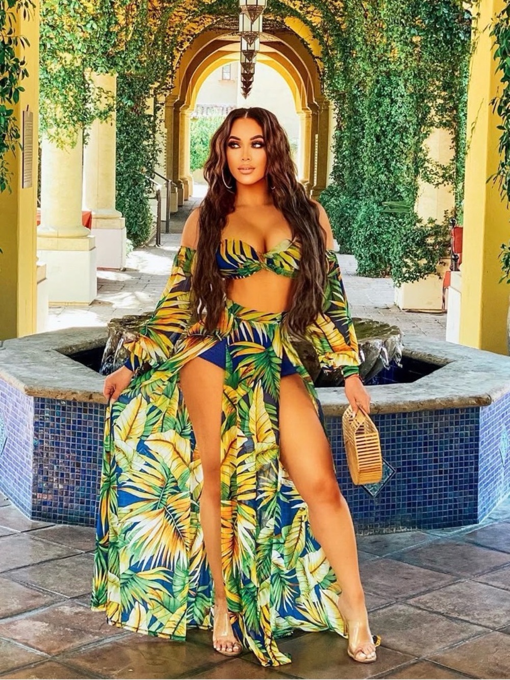 Tropical Leaf Print 3-Piece Swim Cover Set - Yellow & Green